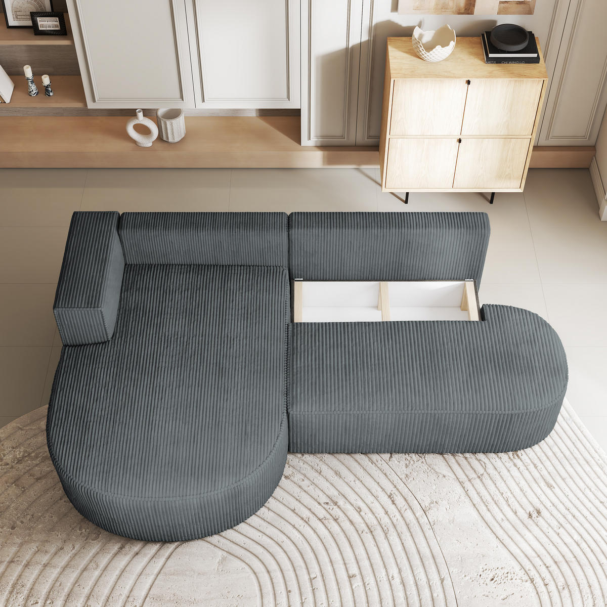 ECKSOFA CORTIO P L-S Grau Kordstoff mit Schlaffunktion - Grau, Holz (265/174cm) - MASSENO