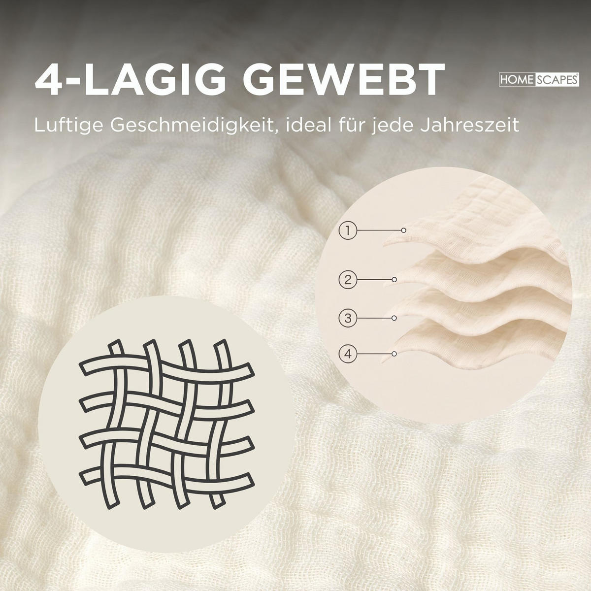 DEKOKISSEN Musselin offwhite mit Quasten, 45/45 cm - Weiß, Textil (45/45cm) - Homescapes