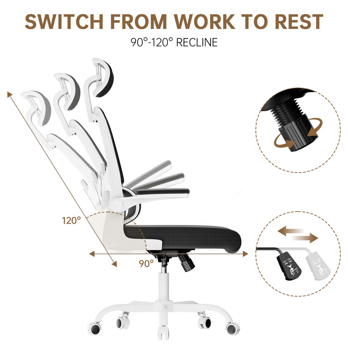 BÜROSTUHL Schwarz-Weiß ergonomisch mit klappbaren Armlehnen - Weiß, Metall (25/52.5/65cm) - Rattrix