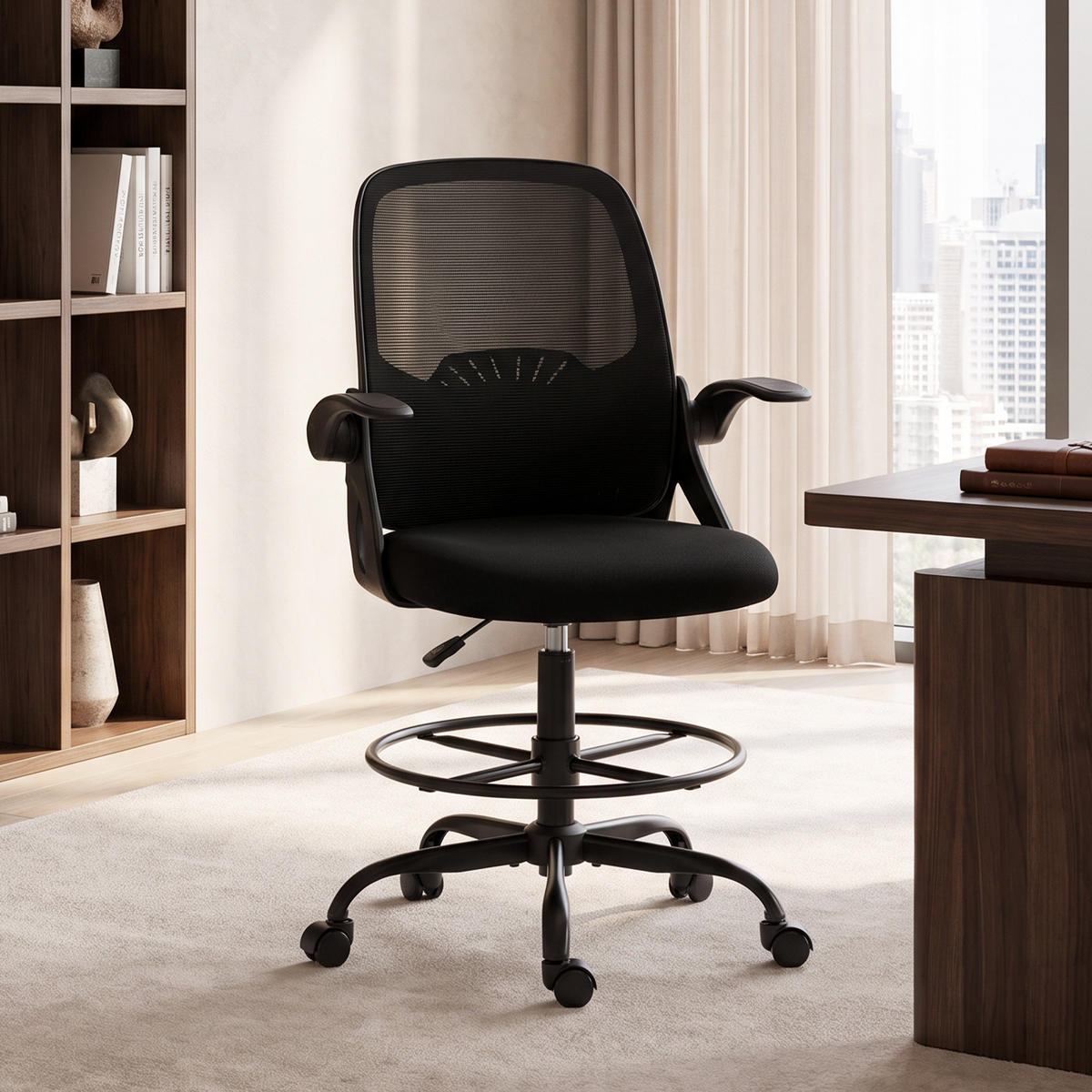 ARBEITSSTUHL Netzgewebe Stahl Schwarz - Schwarz, Kunststoff/Textil (59/124/65cm) - HOMCOM