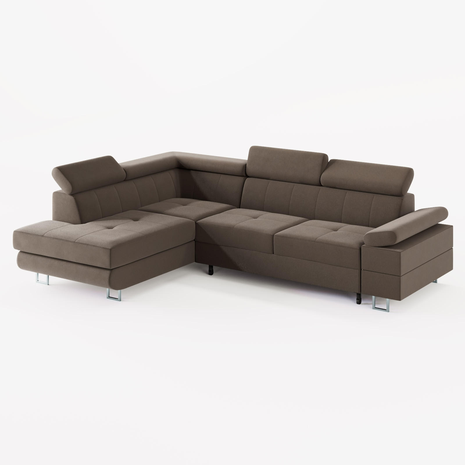 ECKSOFA CAROLINE Links Braun matter Veloursstoff mit Schlaffunktion und Bettkasten - Chromfarben/Braun, Textil (253/190cm) - Barchello