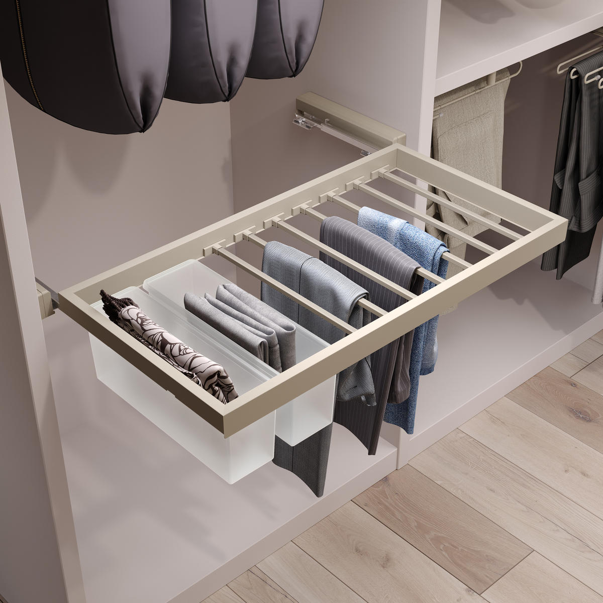 HOSENTRÄGER, 2 Ablagen und sanft schließendem Gleitrahmen für Kleiderschränke, verstellbar, Modul 900mm, Steingrau 7er-set - Grau, Kunststoff (89.4/4/43.4cm) - EMUCA