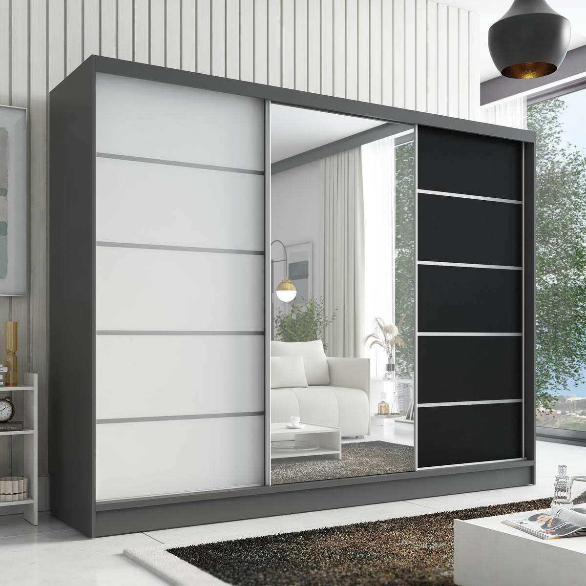 SCHWEBETÜRENSCHRANK 200 cm AURELIA 1 Farbe: Graphit, Weiß, Schwarz - Graphitfarben/Schwarz, Holzwerkstoff (200/215/60cm) - A&J MöbelLand