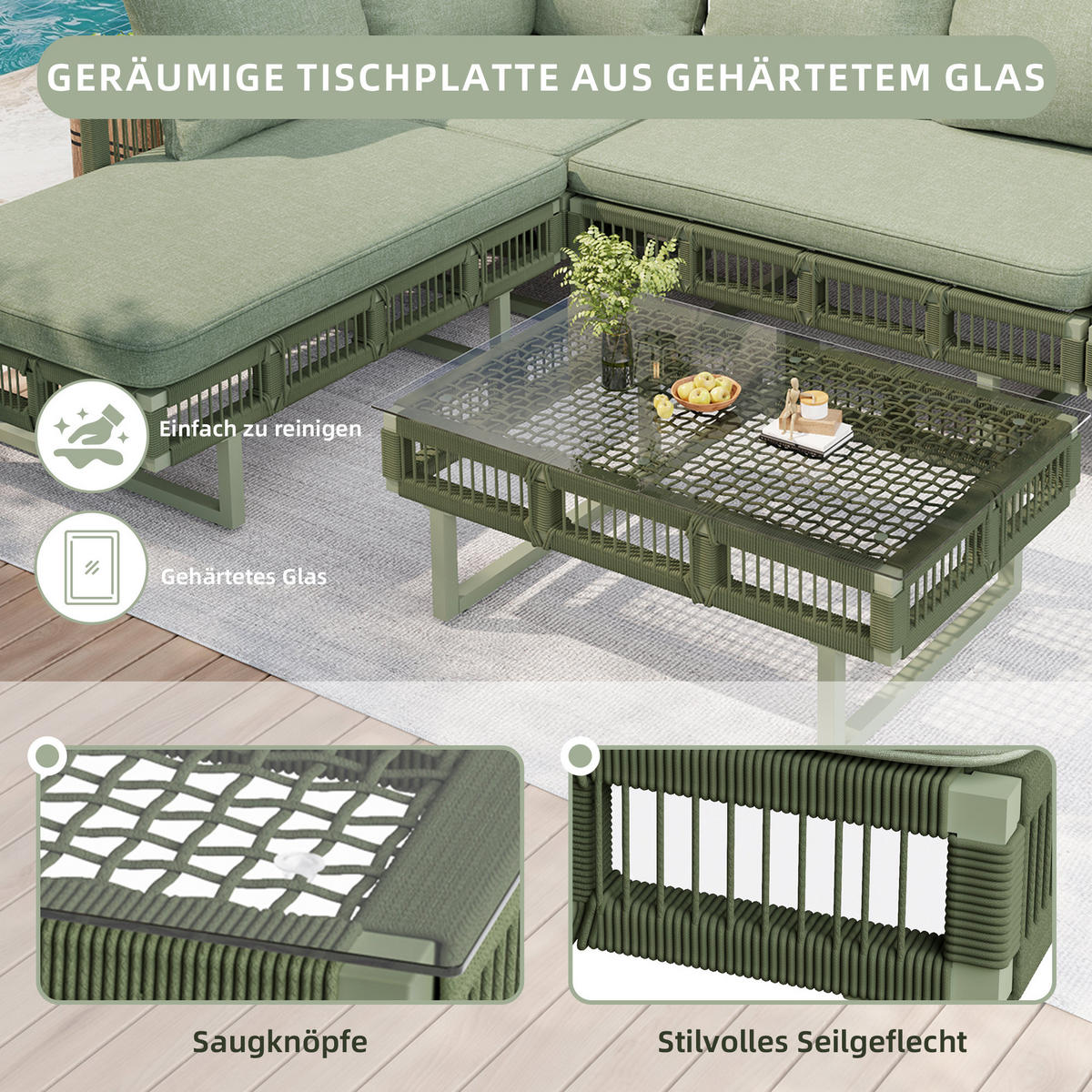 LOUNGESET, Seilgeflecht, Verstellbare Füße, Glas-Couchtisch, Grün - Grün, Metall - FLIEKS