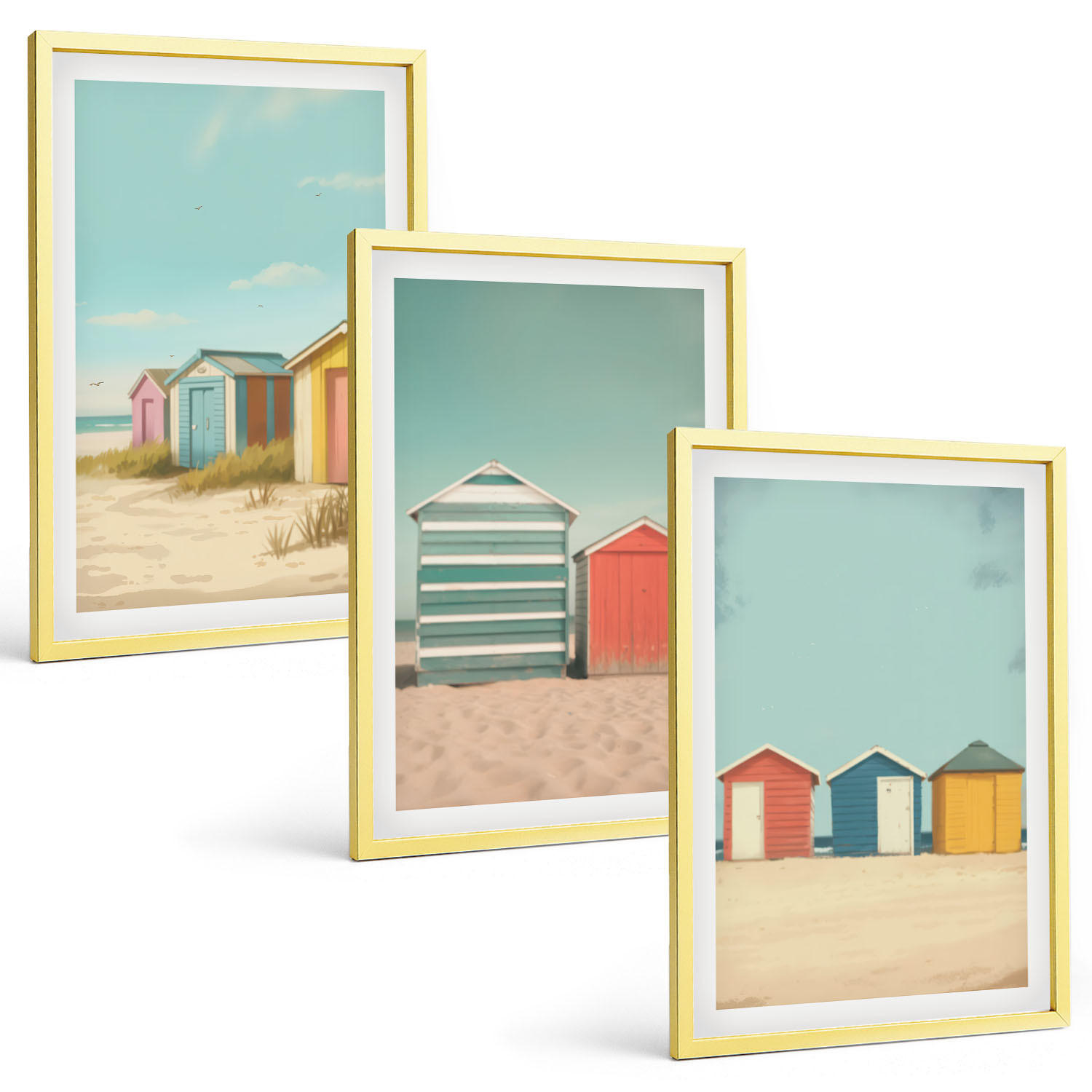 BILDER SET 3er Set - 40x60 cm Goldrahmen - Bunte Häuser, Strand, Sonne - Goldfarben, Kunststoff (40/60cm) - TULUP