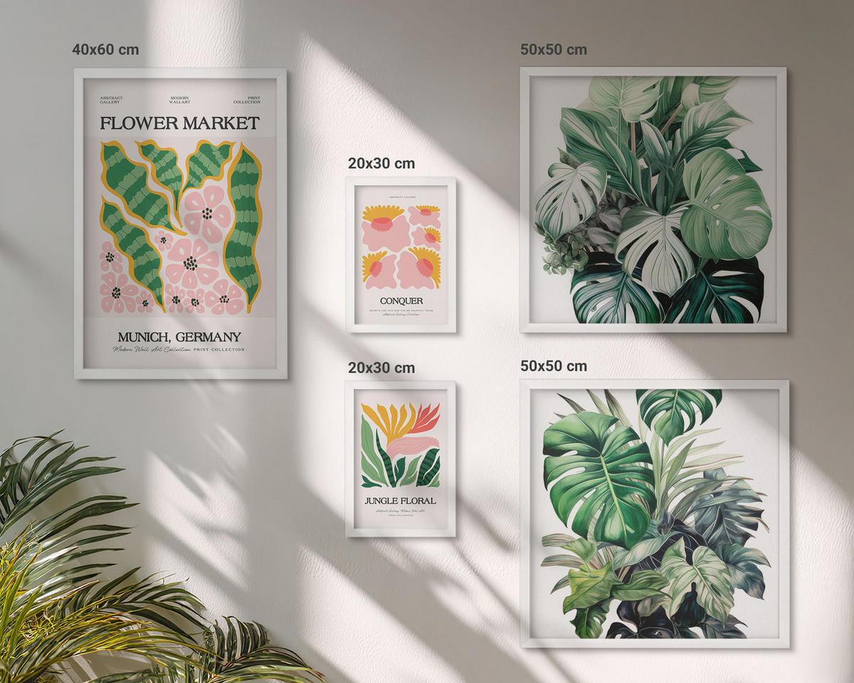 BILDER SET 5er Set - 50x50 cm & 20x30 cm & 40x60 cm Weißer Rahmen - Blumen und Blätter – moderne Poster - Weiß, Kunststoff (40/60cm) - TULUP