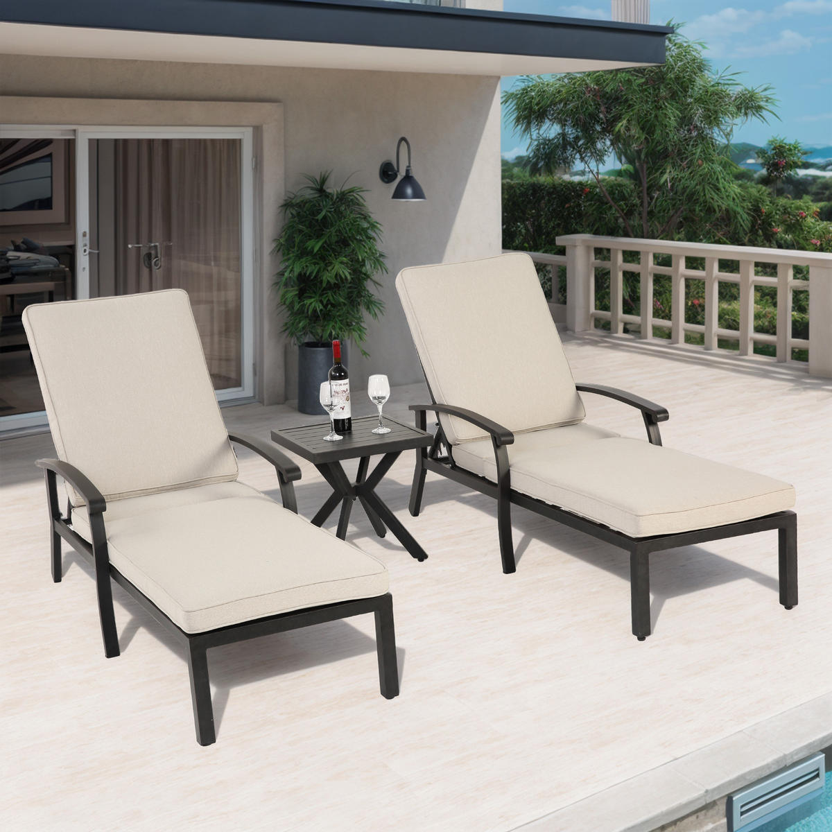 LOUNGE STUHL Patio Stuhl mit Baumwollkissen Beige 2-tlg - Beige, Metall (58/100/204cm) - ComfortXL