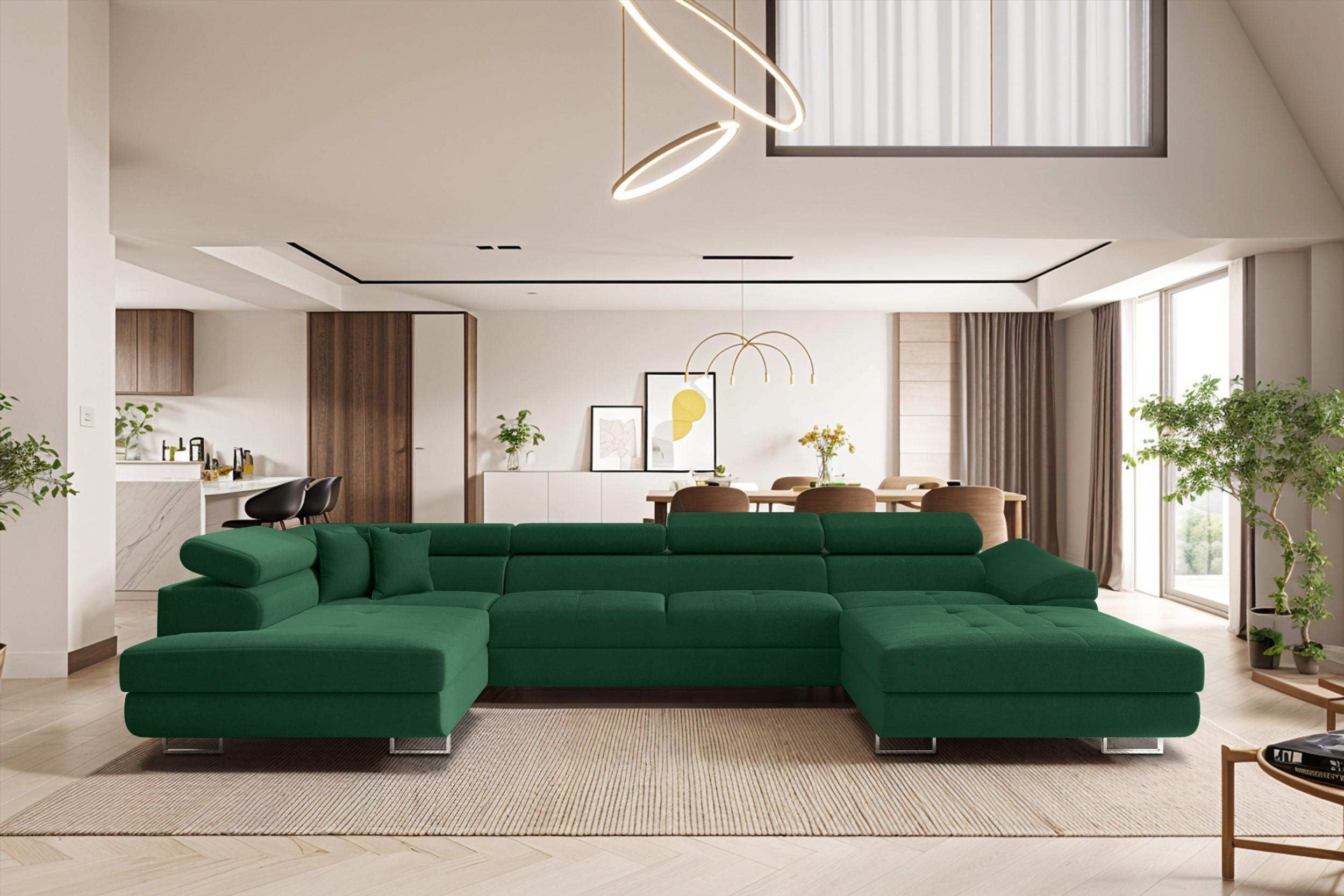 ECKSOFA Falio II U-förmiges Mit Schlaffunktion Und Verstellbaren Kopfstützen Dunkelgrün Links - Dunkelgrün, Holz/Textil (202/345cm) - Kaiser Möbel