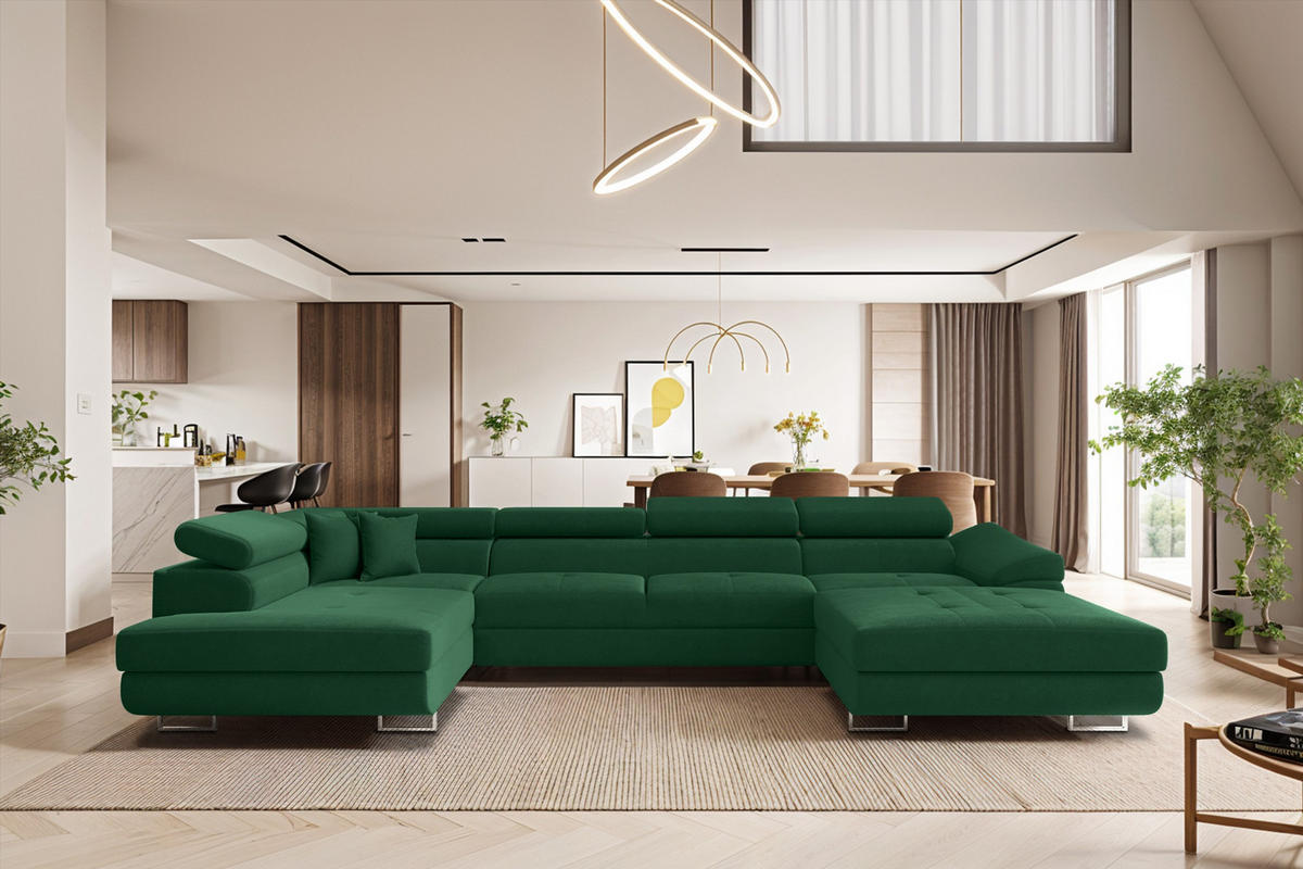 ECKSOFA Falio II U-förmiges Mit Schlaffunktion Und Verstellbaren Kopfstützen Dunkelgrün Links - Dunkelgrün, Holz/Textil (202/345cm) - Kaiser Möbel