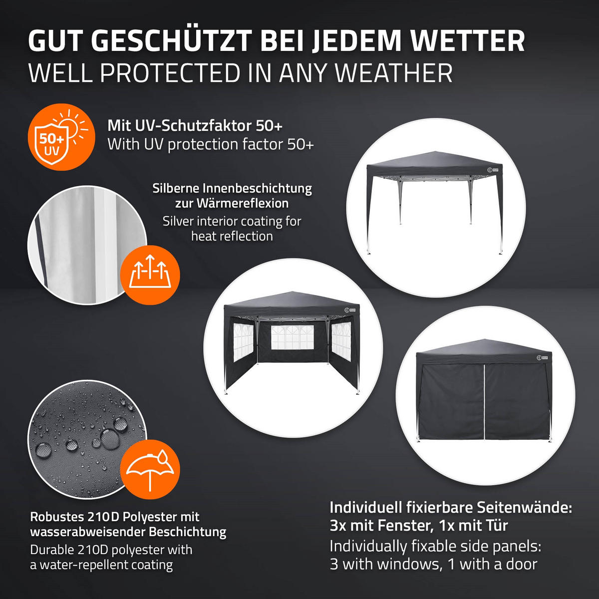 POP UP PAVILON 3x3 m antracitový skládací pavilon, vodotěsný, stabilní, se 4 bočními stěnami - šedá, textil (300/260/300cm) - ECD-Germany