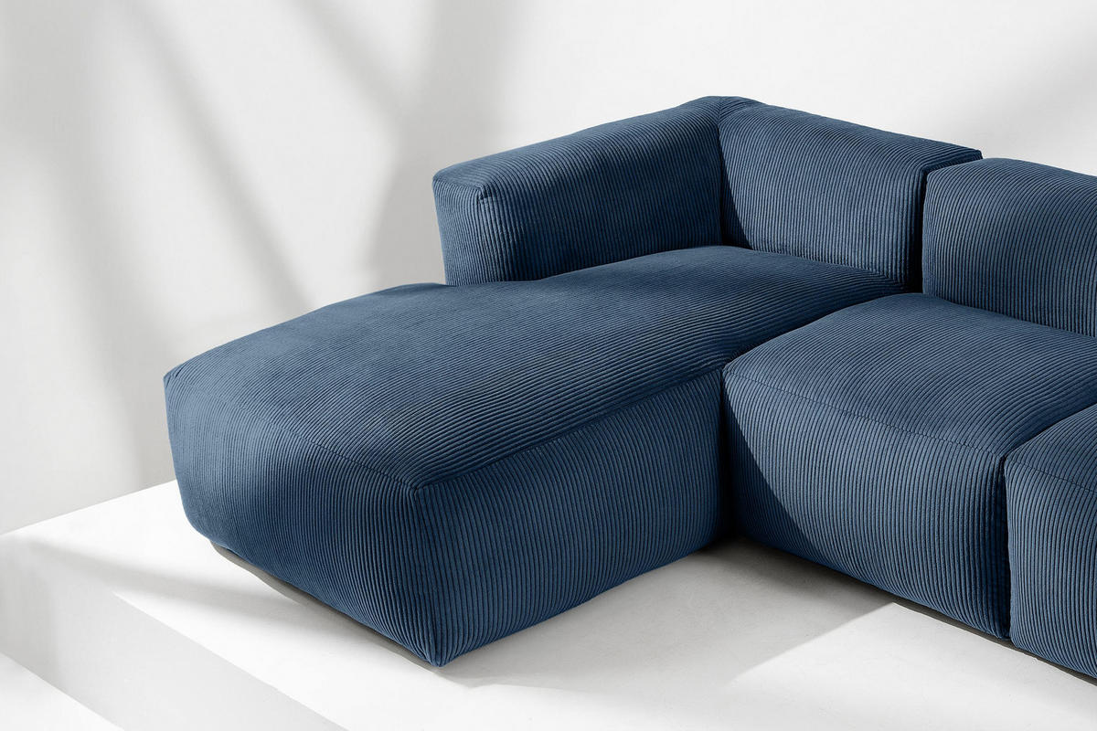 ECKMODULSOFA-LINKS BUFFO 6-Sitzer mit extrem weicher Sitzfläche, Kordstoff, marineblau - Blau/Grün, Textil (377/180cm) - KONSIMO®