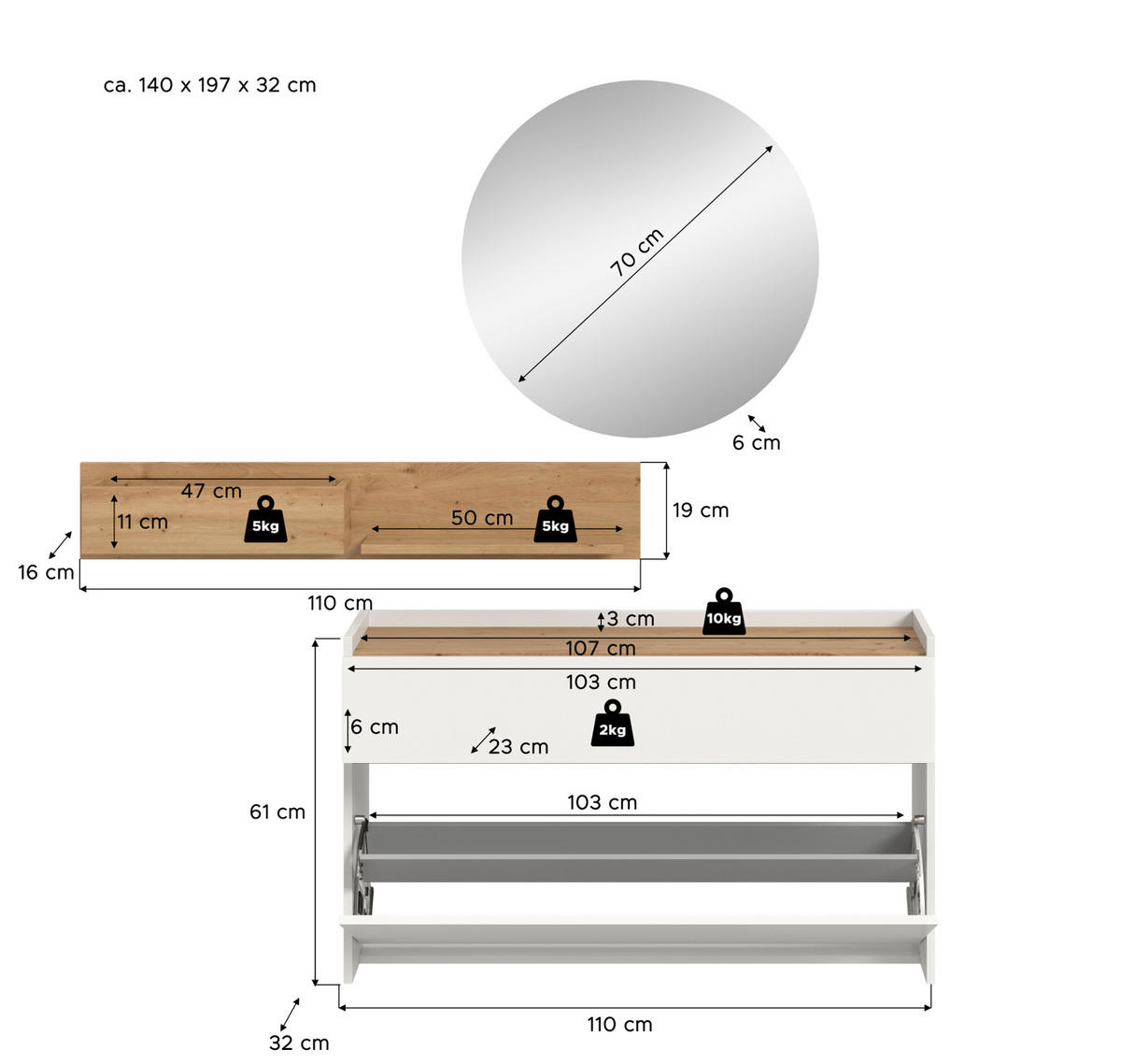 GARDEROBE-SET weiß und Artisan Eiche, Garderobe 3-teilig, 140 x 197 cm, Borga - Weiß/Eiche Artisan, Holzwerkstoff (140/197/32cm) - Inn.Furn