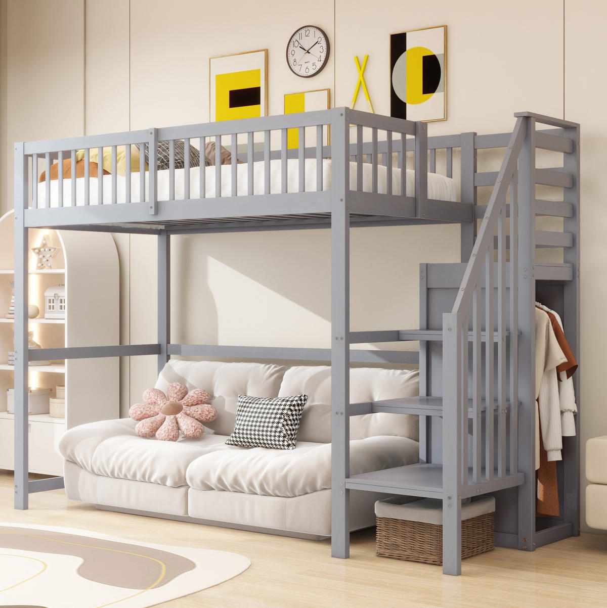 KINDERBETT aus Holz 90x200 cm in Grau mit Treppe & Kleiderschrank - Grau, Holz (90/200cm) - Modfu