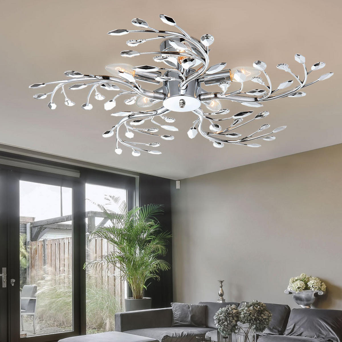 LED DECKENLEUCHTE Chrom Silber Blätter-Design - Silberfarben, Metall (65/65/16cm) - Globo Lighting