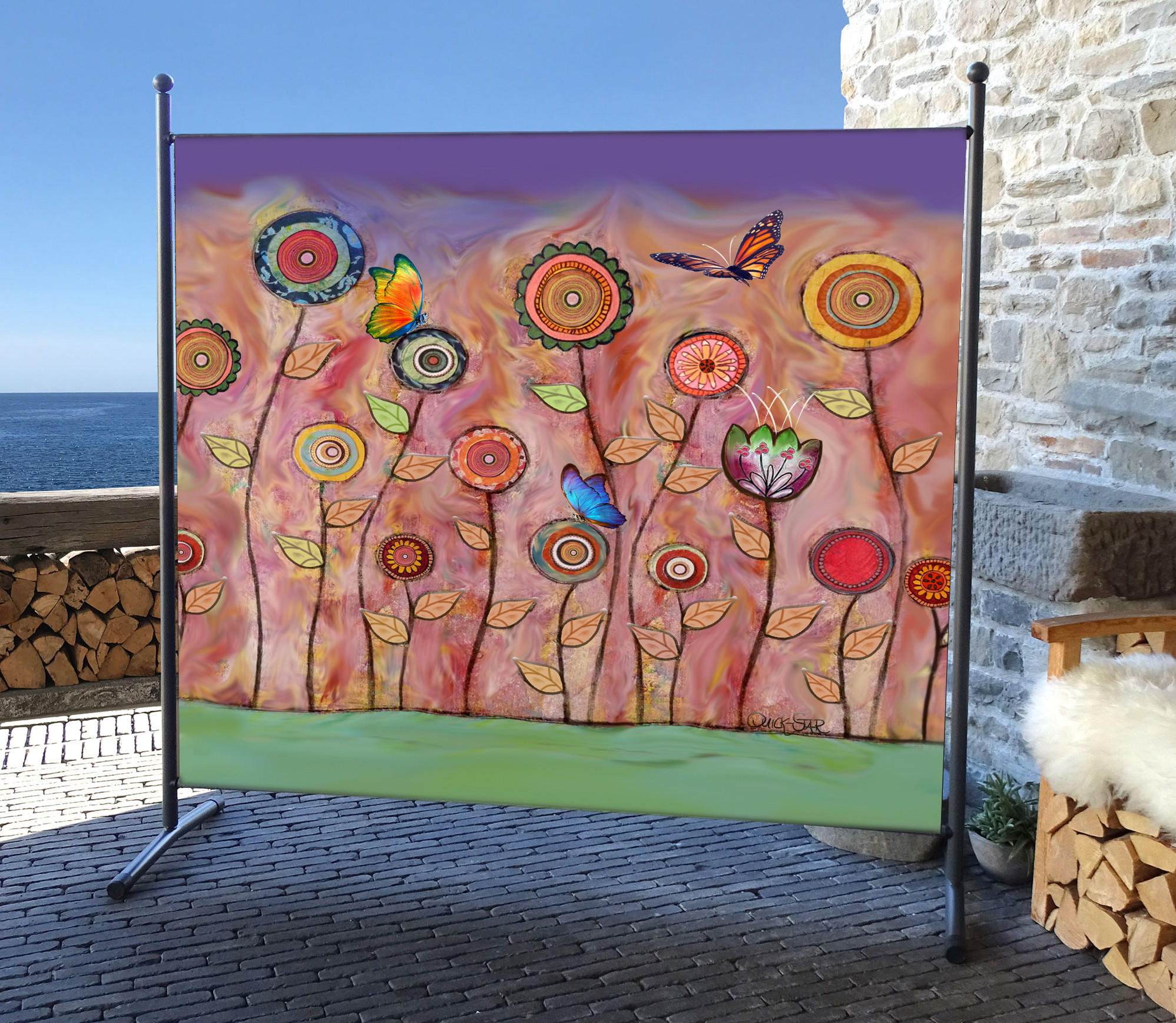 PARAVENT 1-tlg. 180x180 cm RETRO Flowers - Dunkelorange/Multicolor, Metall (178/180cm) - QUICK STAR