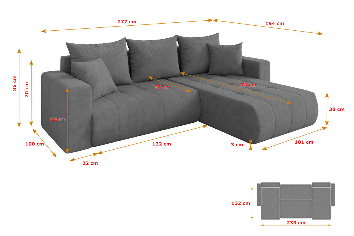 ROHOVÁ SEDAČKA s funkcí spaní, otoman vpravo MILA-L 277x194x86 šedá velur - černá/šedohnědá, kompozitní dřevo/textil (277/194cm) - ALTDECOR
