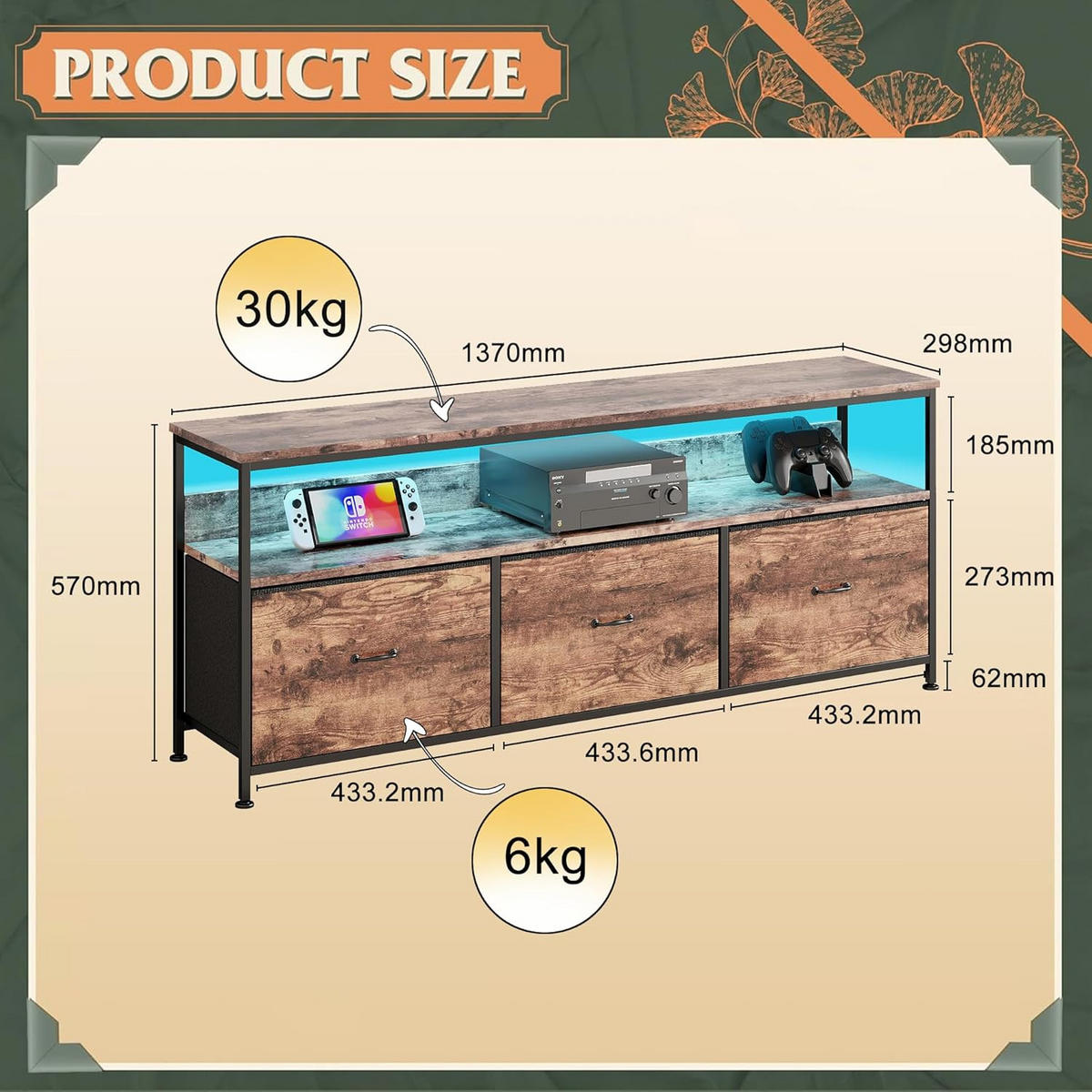 TV-SCHRANK, TV Board mit LED, 137 cm, Fernsehtisch mit 3 Stoffschublade - Schwarz, Holz (30/57/137cm)