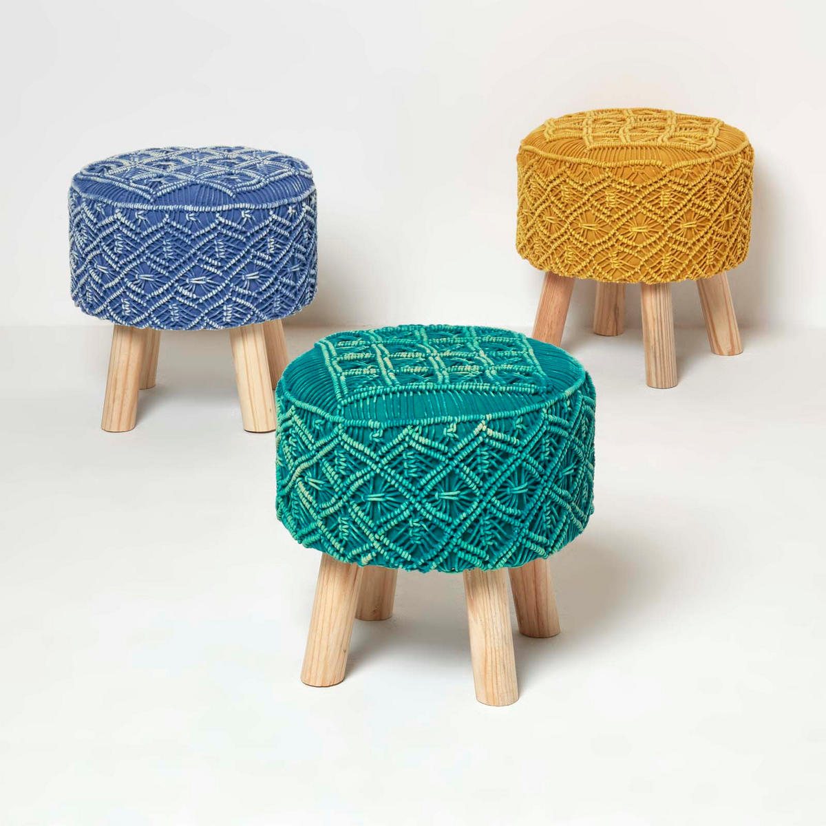 MAKRAMEE-HOCKER Willow blau, 41/41/43 cm - Blau, Textil (41/43/41cm) - Homescapes