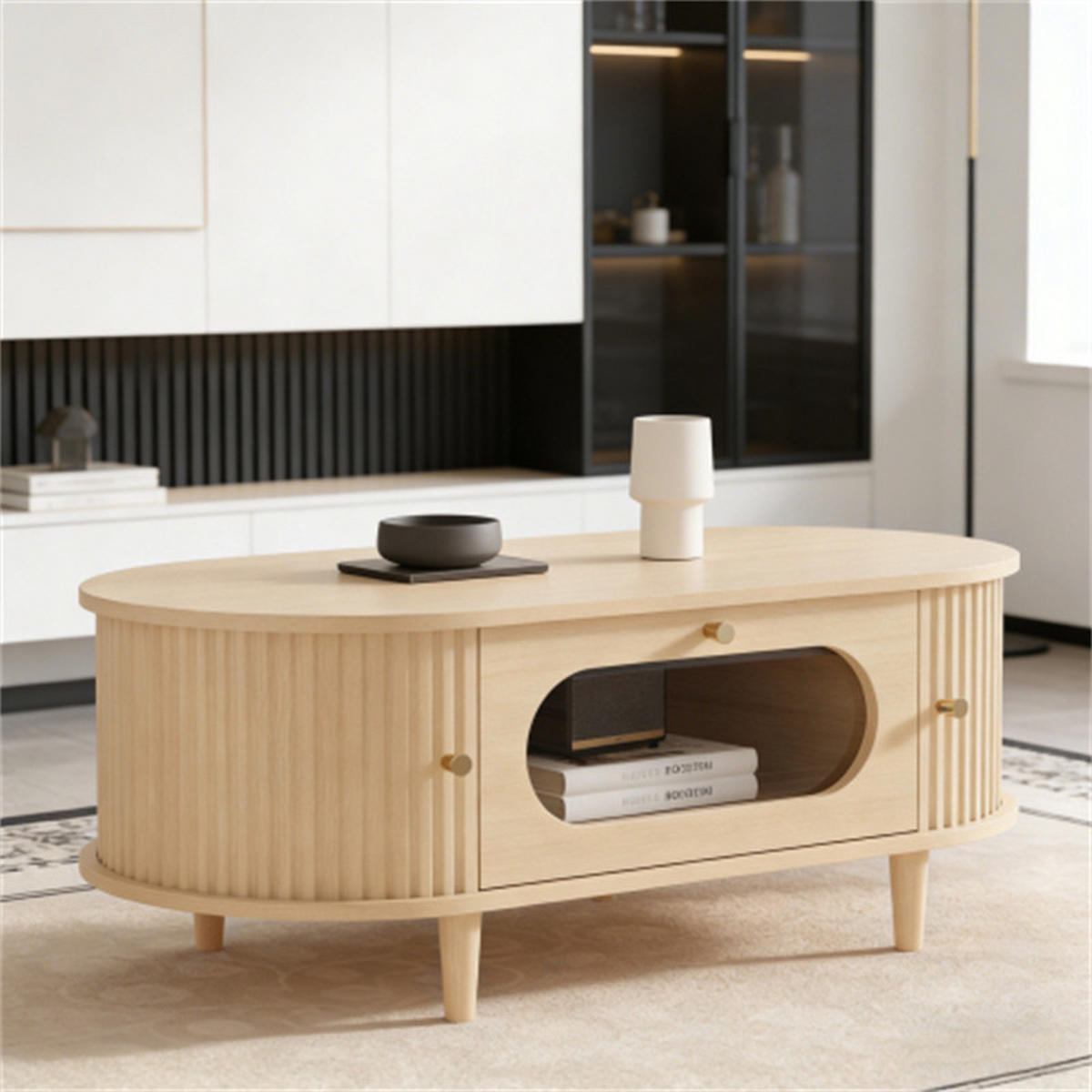WOHNZIMMER-COUCHTISCH, 100 x 50 x 36 cm, Holzfarbe. Der Couchtisch verfügt über Schubladen und Rollladentüren und steht auf vier Beinen. - Braun, Holzwerkstoff (100/50/36cm) - Blomus