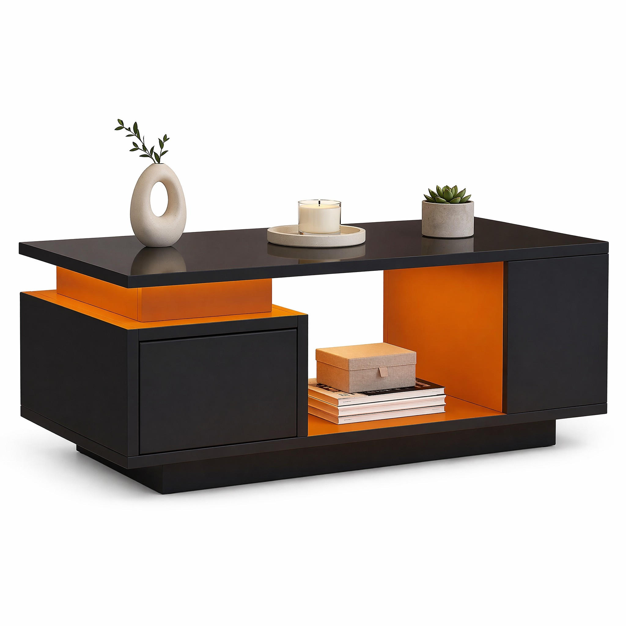 COUCHTISCH in Schwarz Kaffeetisch mit Schublade,LED & 4 Ablagefächern,Hochglanz Sofatisch für Wohnzimmer, B100/T50/H36cm - Schwarz, Holzwerkstoff (50/100/36cm) - STILVORA