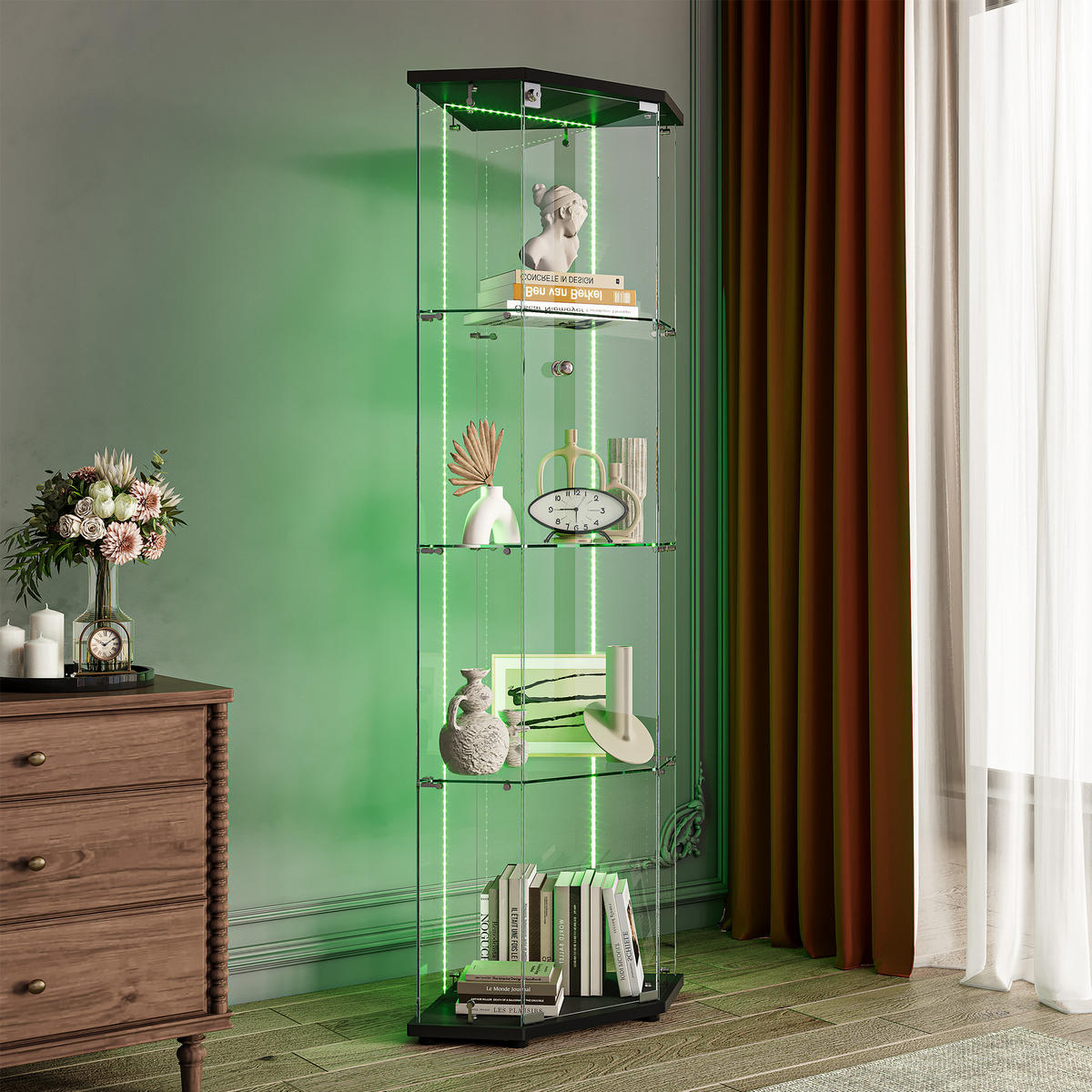 ECKSCHRANK 5-Eck, 1 Tür, 4 Ebenen, LED, schwarzer Sockel - Schwarz, Glas (42.5/162/60cm) - SHOPENTRA