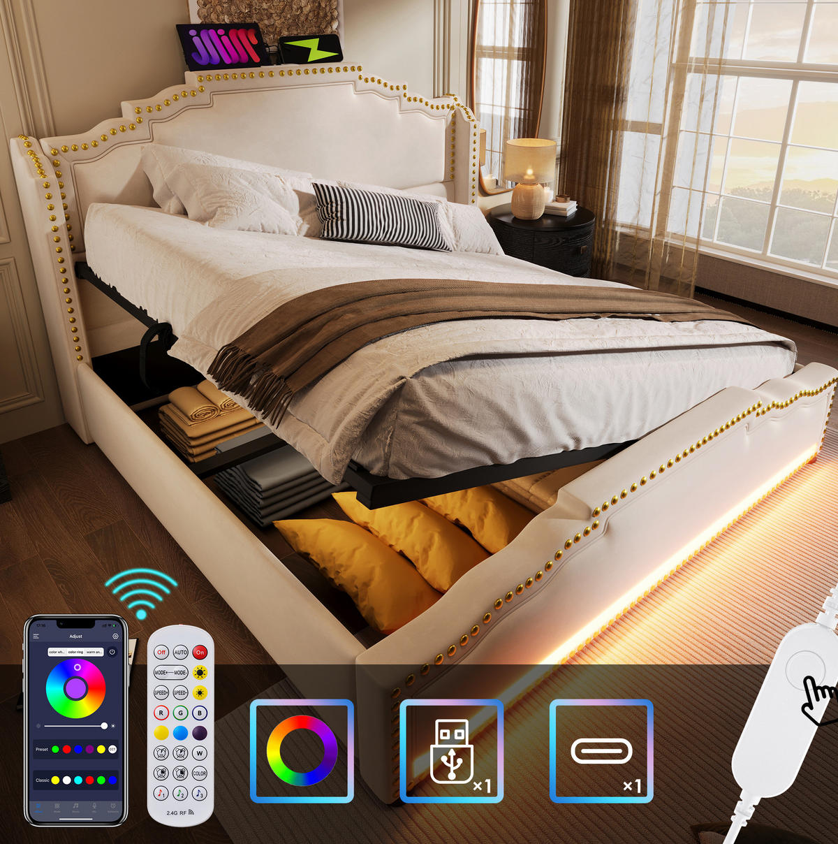 POLSTERBETT 140/200 cm mit hydraulischem Bettkasten, LED & USB/USB‑C, Samt Beige - Beige, Textil (140/200cm) - Redom
