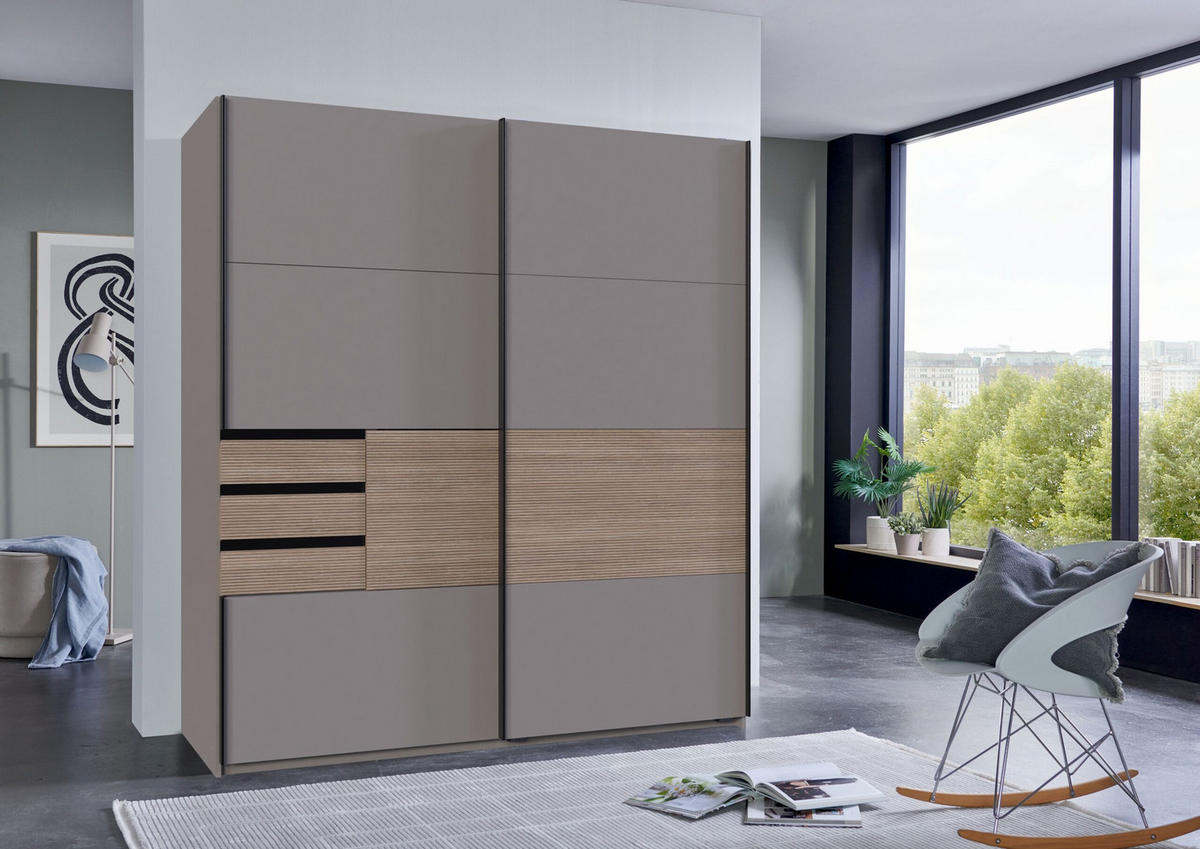 KLEIDERSCHRANK Bremen in Saharagrau mit Absetzungen in Multiplex 180 x 198 x 65 cm (B/H/T) – Schwebetürenschrank ohne Spiegel - Grau, Holzwerkstoff (120/200/80cm)