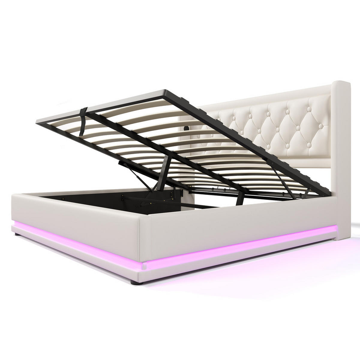 POLSTERBETT 160x200cm Doppelbett hydraulisch LED & USB-C Weiß PU - Weiß, Holz - FLIEKS