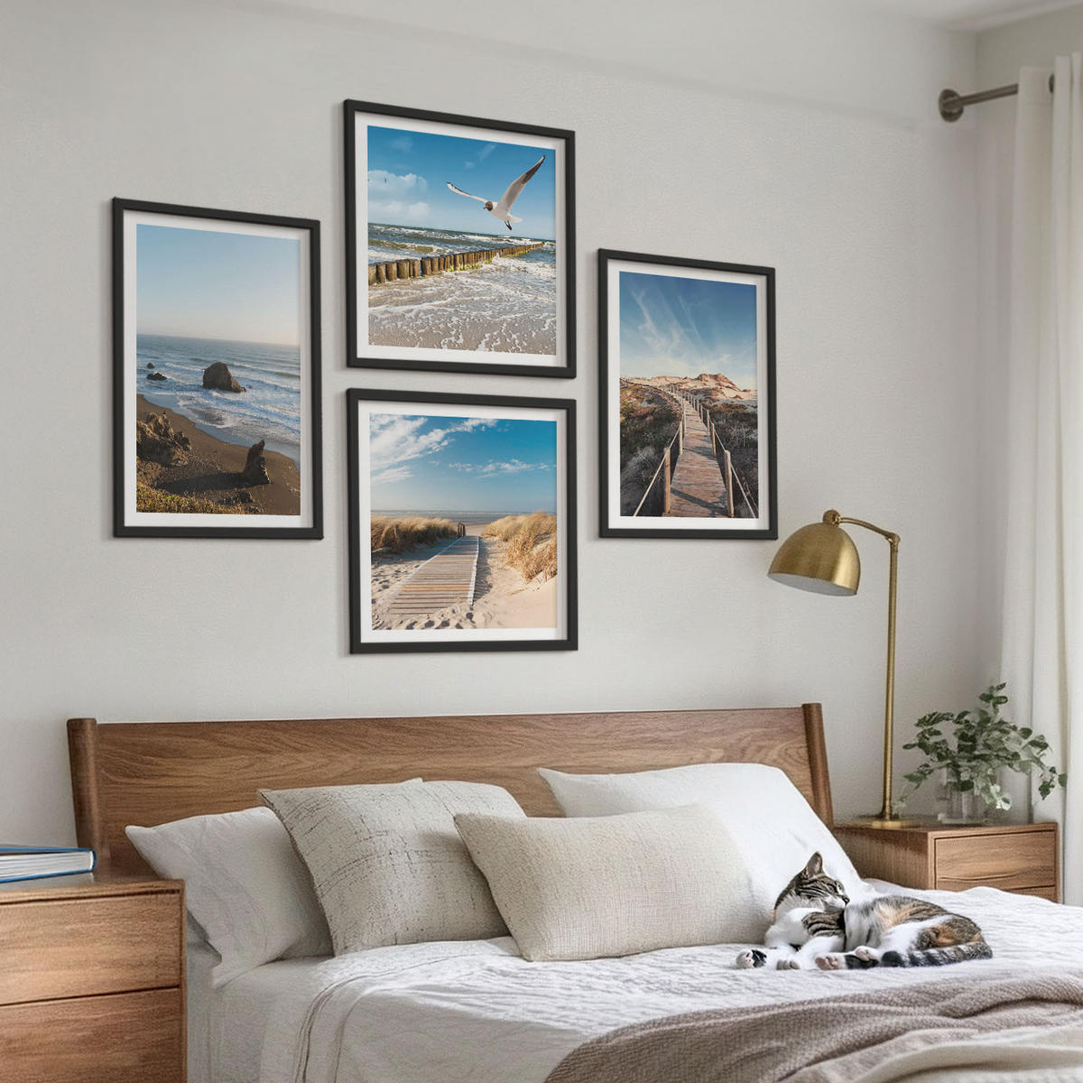 BILDER SET 4er Set - 50x50 cm & 40x60 cm Schwarzer Rahmen - Strandwellen, Himmelsbrücke, Spaziergang - Schwarz, Kunststoff (50/50cm) - TULUP