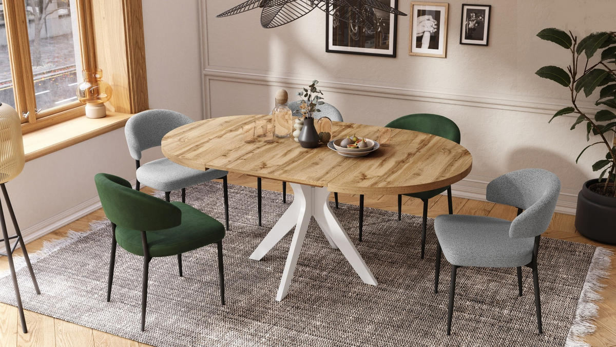 ESSTISCH rund Eiche Wotan - Weiß matt ausziehbar - Eiche Wotan/Weiß, Holzwerkstoff (110/110/77cm) - designimpex