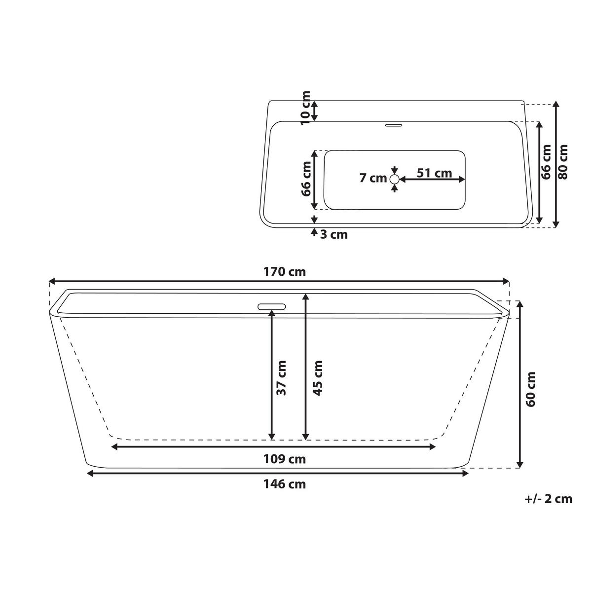 BADEWANNE 80x170x60 cm schwarz Hassel - Schwarz, Kunststoff (80/60/170cm) - Beliani