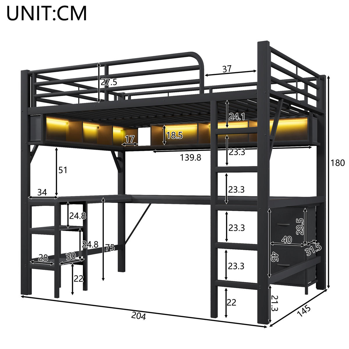 HOCHBETT 140/200 cm in Schwarz mit Schreibtisch, Regal, Schubladen, LED und USB - Schwarz, Holzwerkstoff/Metall (140/200cm) - STILVORA