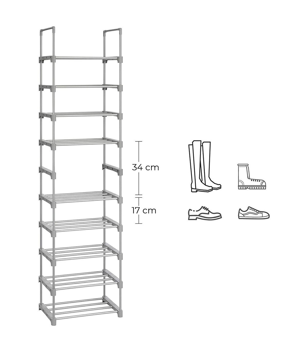 SCHUHREGAL aus grauem Eisen mit 10 verstellbaren Ebenen - L45 x H174 - Grau, Metall (30/174/45cm) - Calicosy