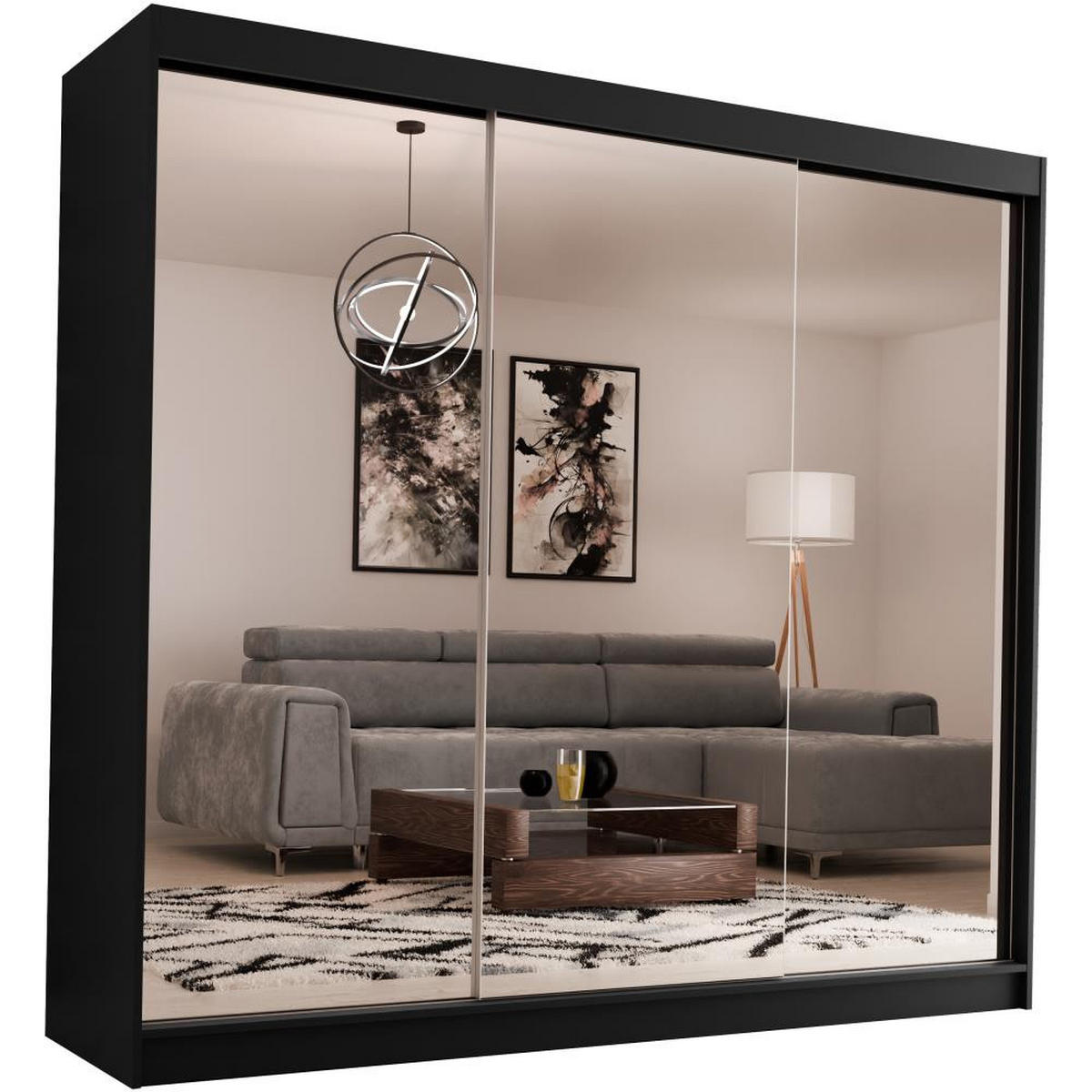 SCHWEBETÜRENSCHRANK Debra 240/216/61 schwarz mit Spiegel und Schubladen - Schwarz, Holzwerkstoff (240/216/61cm) - Beautysofa