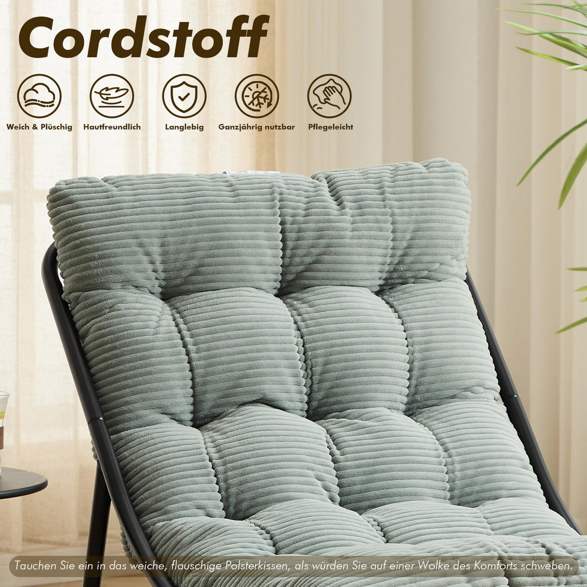 SESSELSET, Relaxsessel mit Hocker,Stahlrahmen,Cord,Hellgrün - Grün, Metall (78/86/65cm) - LVHOM