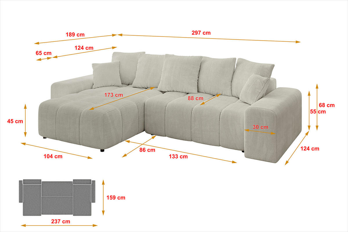 ECKSOFA Ottomane links/rechts ENIL-L 297x189x68 Hellgrau Cord - Hellgrau, Holzwerkstoff/Kunststoff (297/189cm) - ALTDECOR