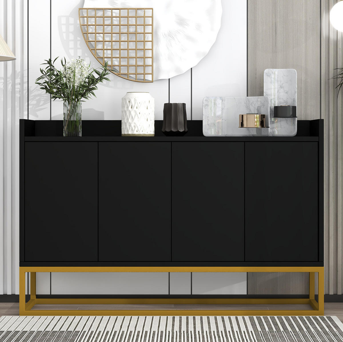 SIDEBOARD 4-türig 120 x 30 x 80 cm Schwarz mit verstellbaren Einlegeböden - Schwarz, Holzwerkstoff (120/80/30cm) - Meubliv