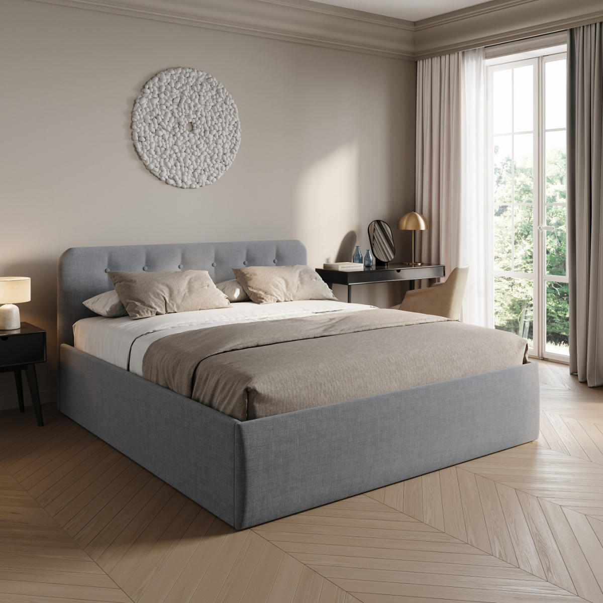 POLSTERBETT mit verstellbarem Lattenrost & Bettkasten, Bonnell-Matratze, 180 x 200 cm in Grau - Grau, Holzwerkstoff/Textil (180/200cm) - Home Collective