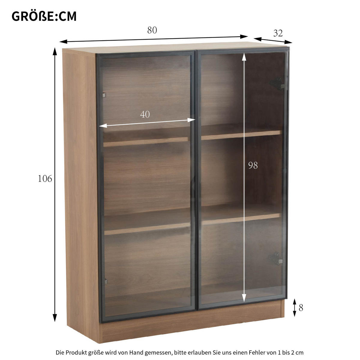 GLASVITRINE in Naturwalnuss 80x32x106 cm mit LED-Beleuchtung und 3 Ebenen - Naturfarben, Holzwerkstoff (32/106/80cm) - IVMEU