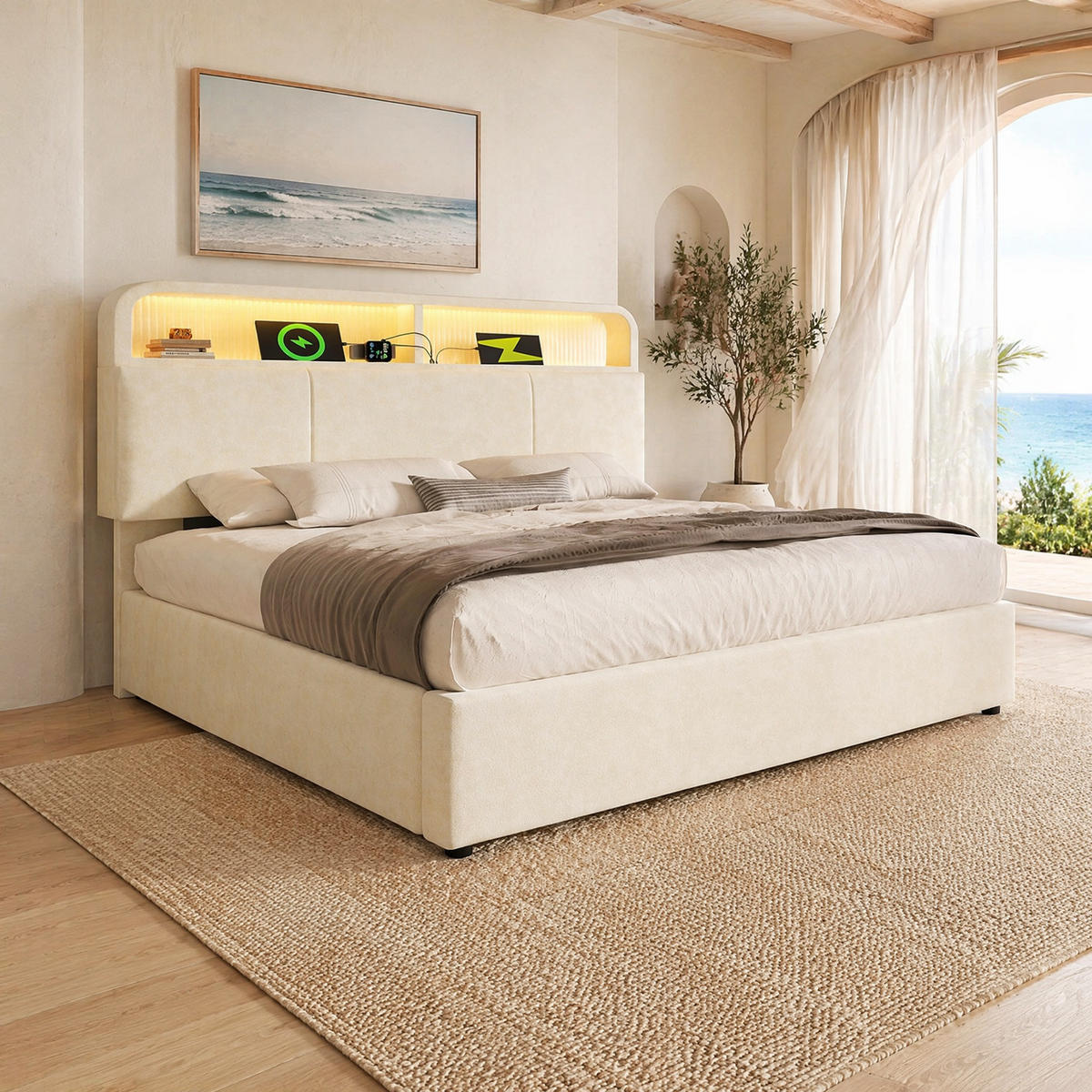 POLSTERBETT 140/200 mit Bettkasten, LED und USB in Beige - Beige, Holzwerkstoff/Textil (140/200cm) - EVRYAE