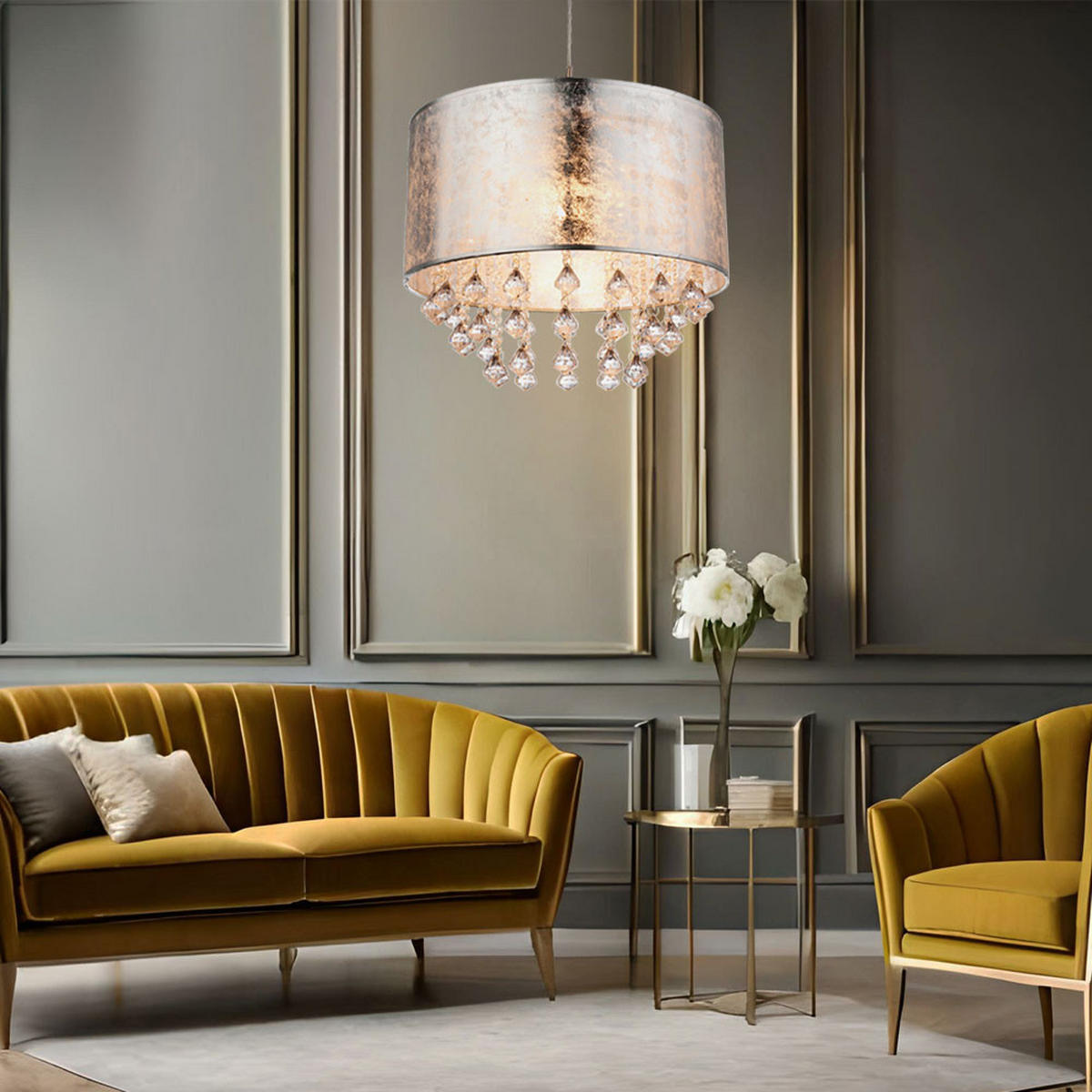 LED HÄNGELAMPE AMY Textil Silber - Silberfarben, Metall (40/40/140cm) - Globo Lighting