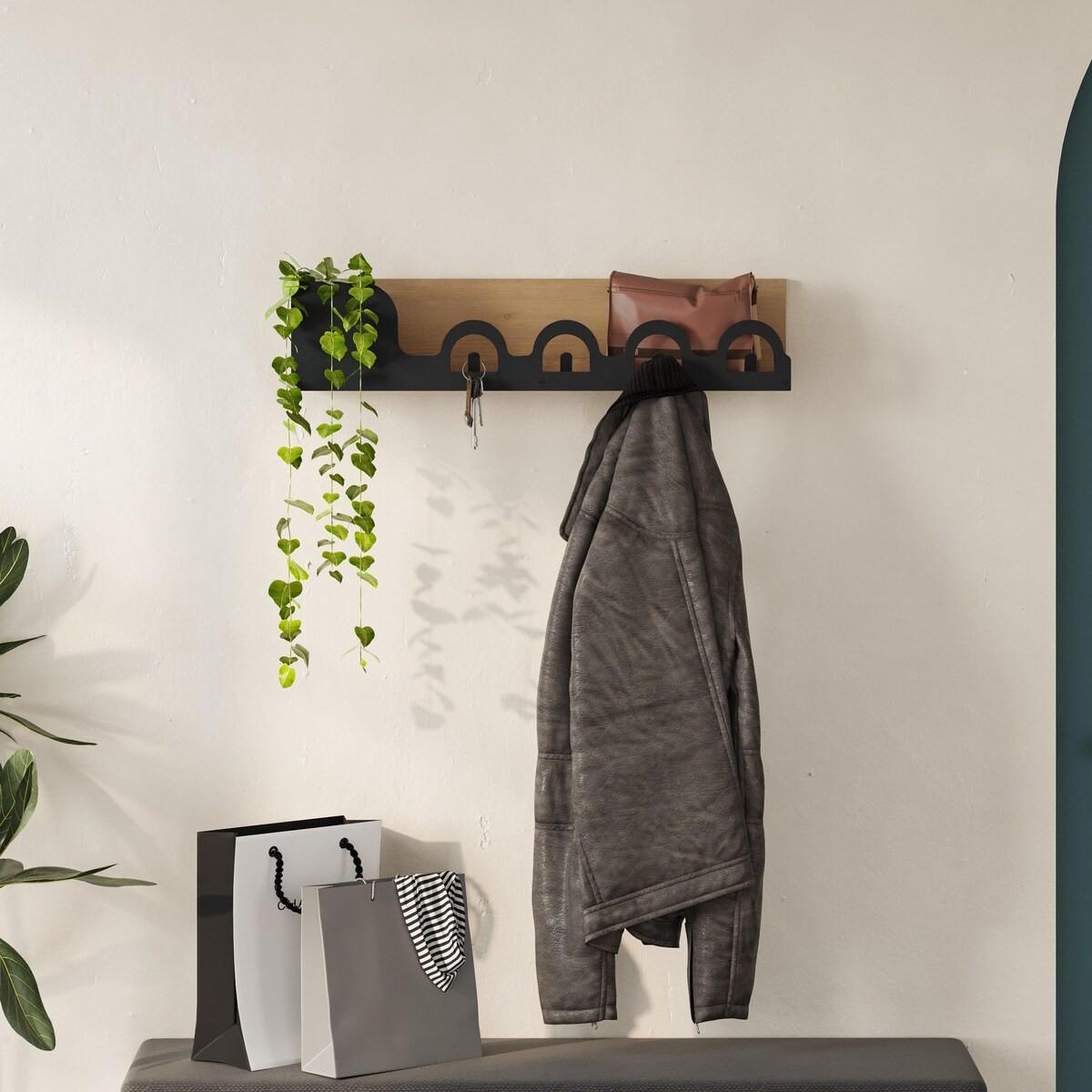 ZÁVĚSNÝ věšák na kabáty, dubová povrchová úprava, šířka 63 cm - LIORA HANGER - barva jasanu, kompozitní dřevo (14/14/73.6cm) - Calicosy