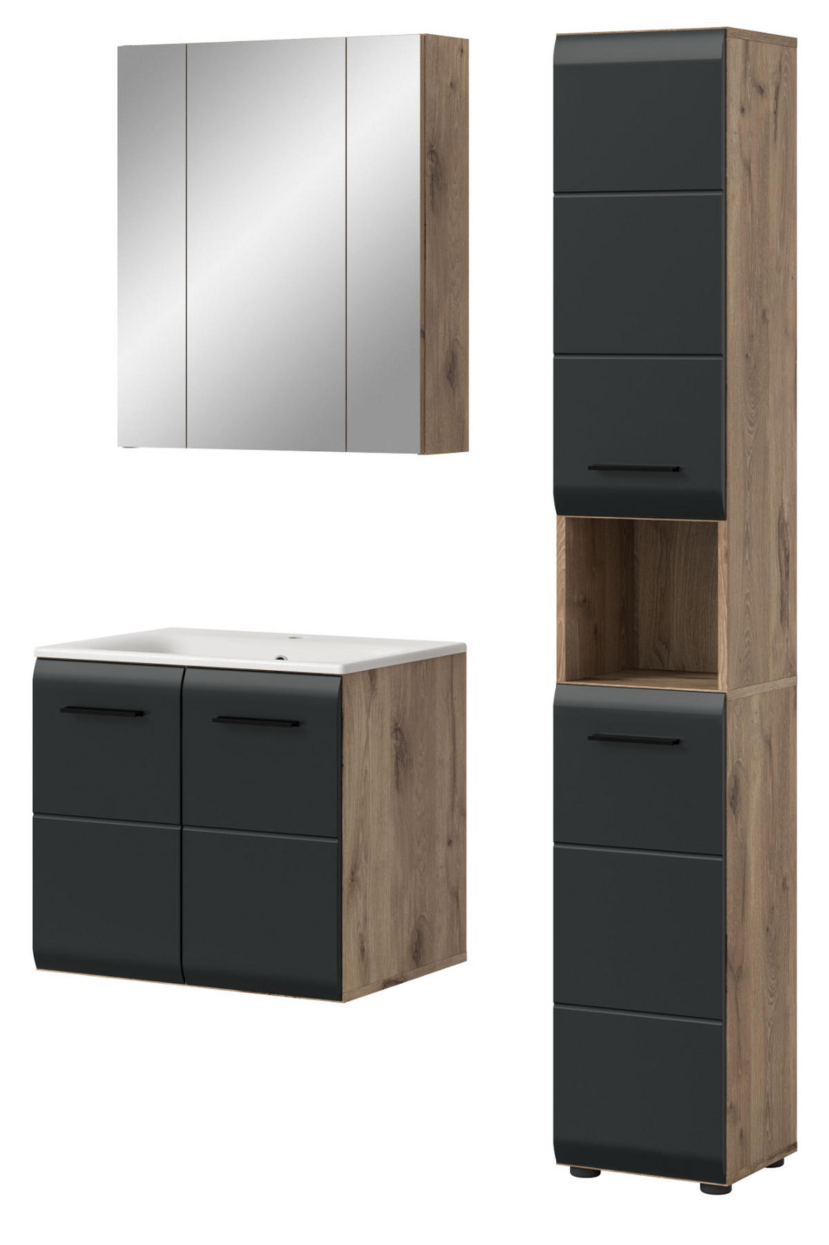 BADMÖBEL-SET 3-teilig Schwarz matt, Eiche Nox, Badezimmer Komplett-Set mit Waschbecken, 105 x 185 cm - Eichefarben/Schwarz, Glas/Keramik (105/185/46cm) - Inn.Furn