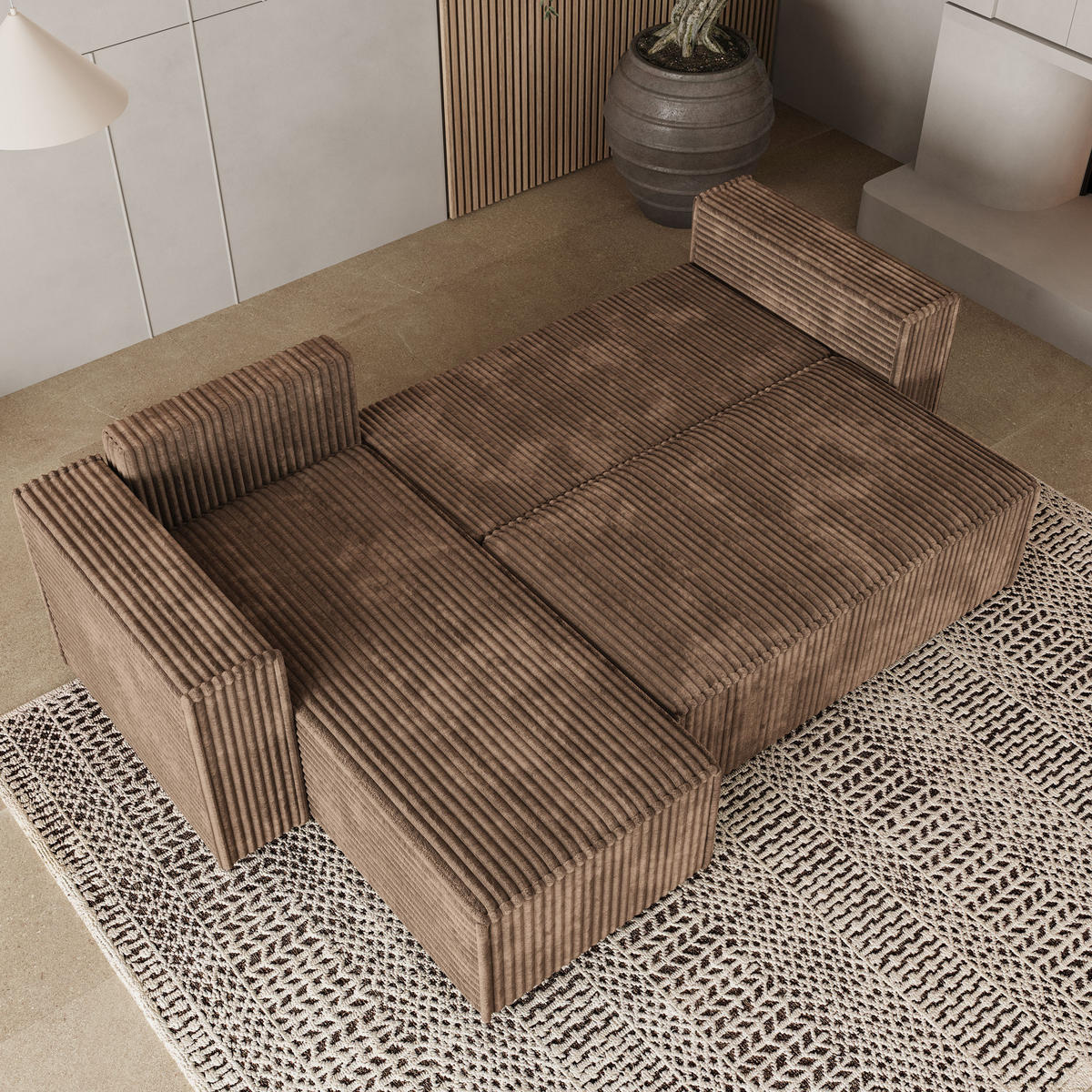 ECKSOFA RAVELO T Beige Kordstoff mit Schlaffunktion - Beige, Holz (240/140cm) - MASSENO