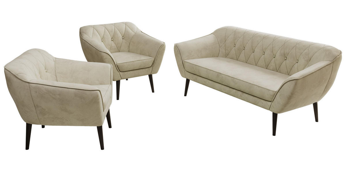 SITZGARNITUR PIRS 3+1+1 - Beige Velvet - Schwarze Beine - Beige/Schwarz, Holzwerkstoff/Textil (180/75/74cm) - MKS