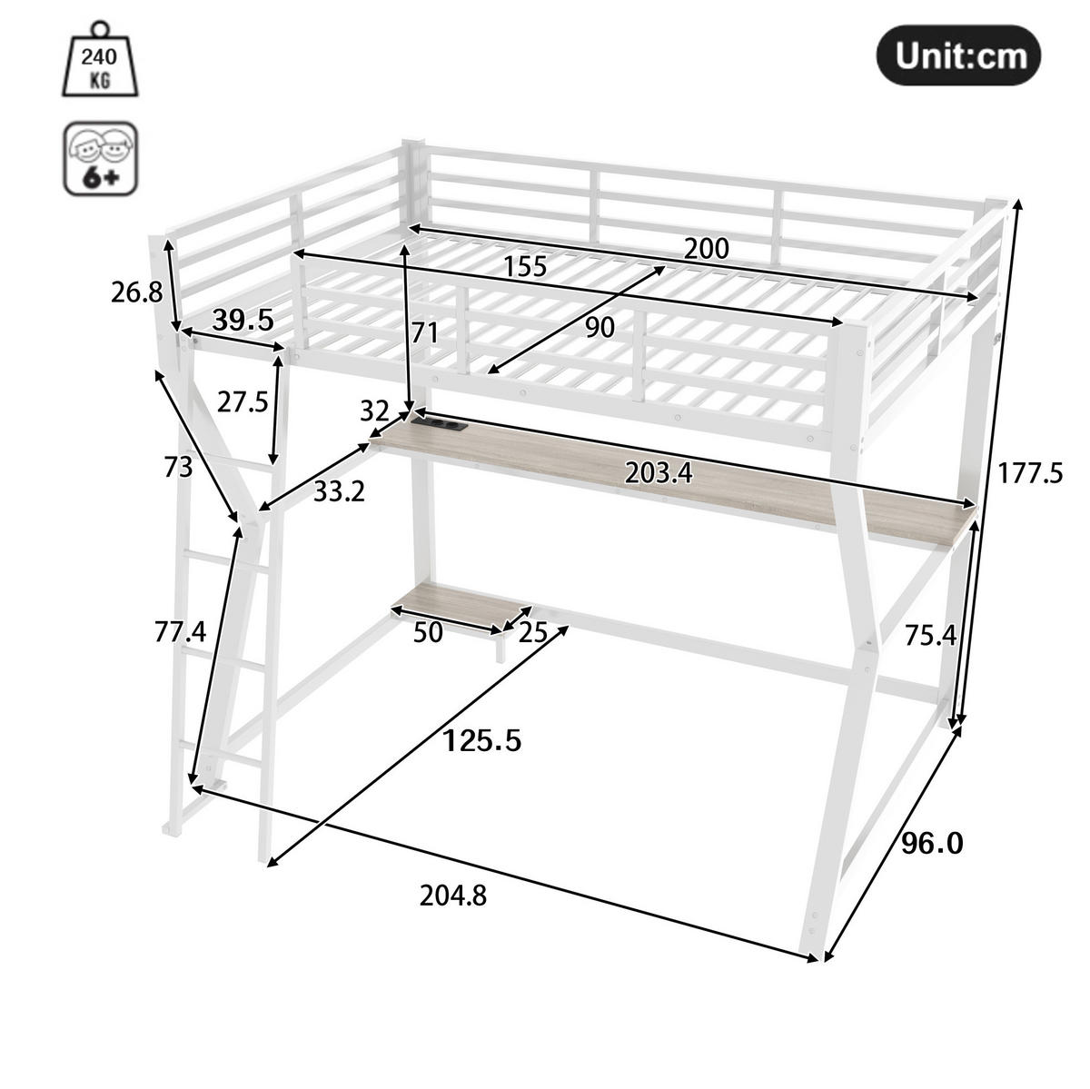 HOCHBETT 90/200 cm in Weiß mit LED-Beleuchtung, Schreibtisch und USB - Weiß, Metall (90/200cm) - Flora Grace