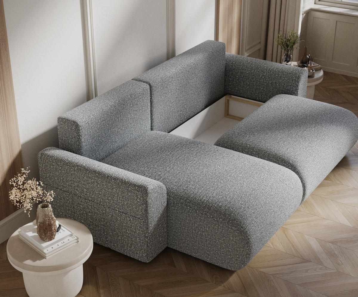 ECKSOFA MIT SCHLAFFUNKTION Bodega Grau Plüschstoff - Schwarz/Grau, Holz/Holzwerkstoff (235/138cm) - Maison de Reve