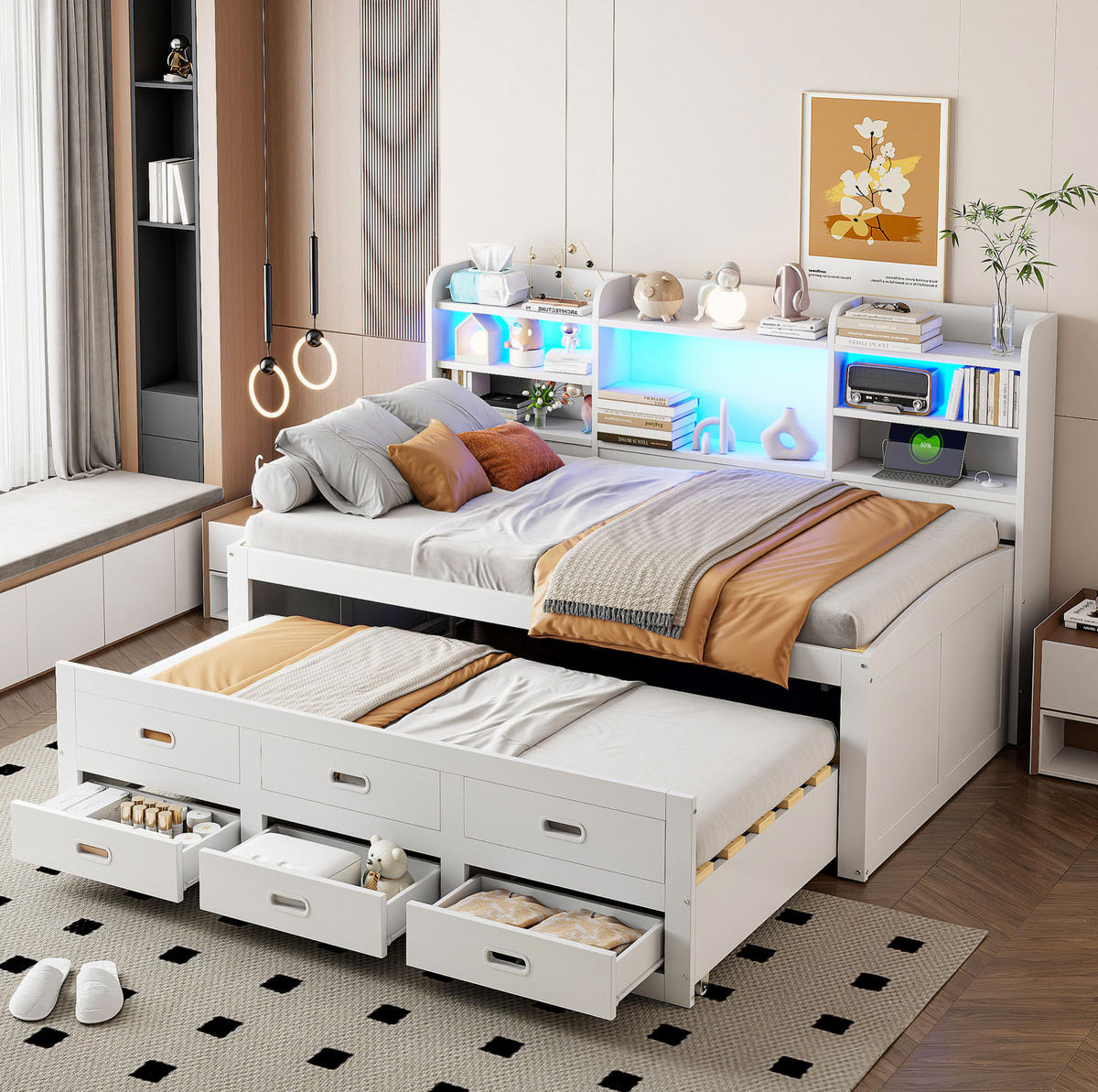 KREVET na izvlačenje 90/200 cm bijeli od iverala s LED rasvjetom, USB i 3 ladice - bijela, drvni materijal (90/200cm) - OKWISH