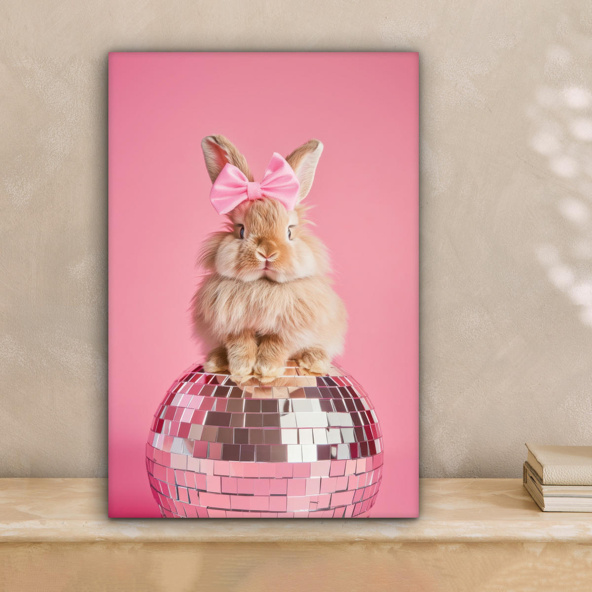 LEINWANDBILD Schleife - Discoball - Kaninchen Deko Wohnzimmer 20x30 cm - Pink, Textil (20/30cm) - MuchoWow
