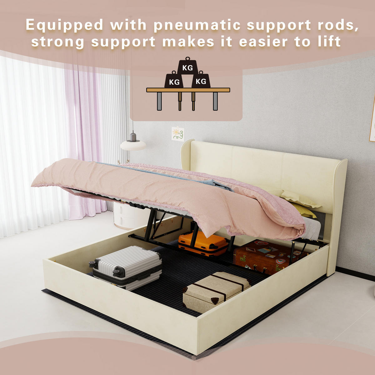 STAURAUMBETT 160/200 cm DE-35479 mit Gaslift-Staufach Beige - Beige, Metall (160/200cm) - ComfortXL